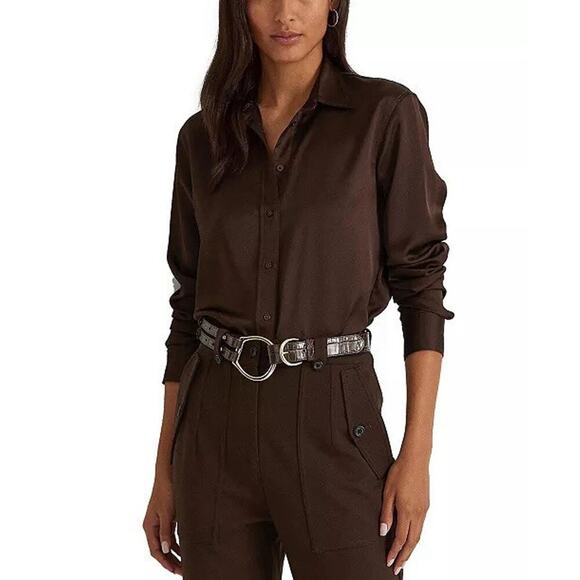 Lauren Ralph Lauren Tri-Strap Croc-Embossed Leather Belt Brown Gold small